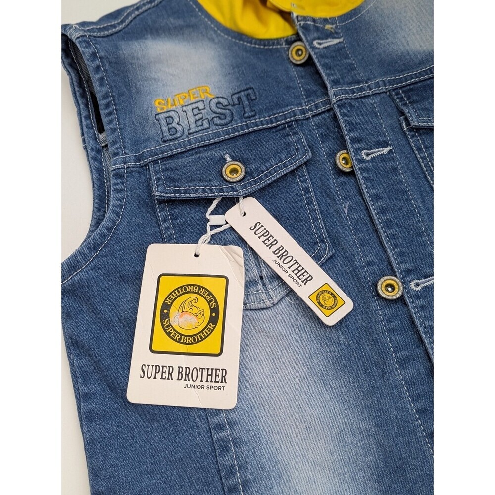 NWT Kids (Size 12Y) Distressed Denim Vest w/Yellow Jersey Hood & Patch Details - Picture 9 of 10